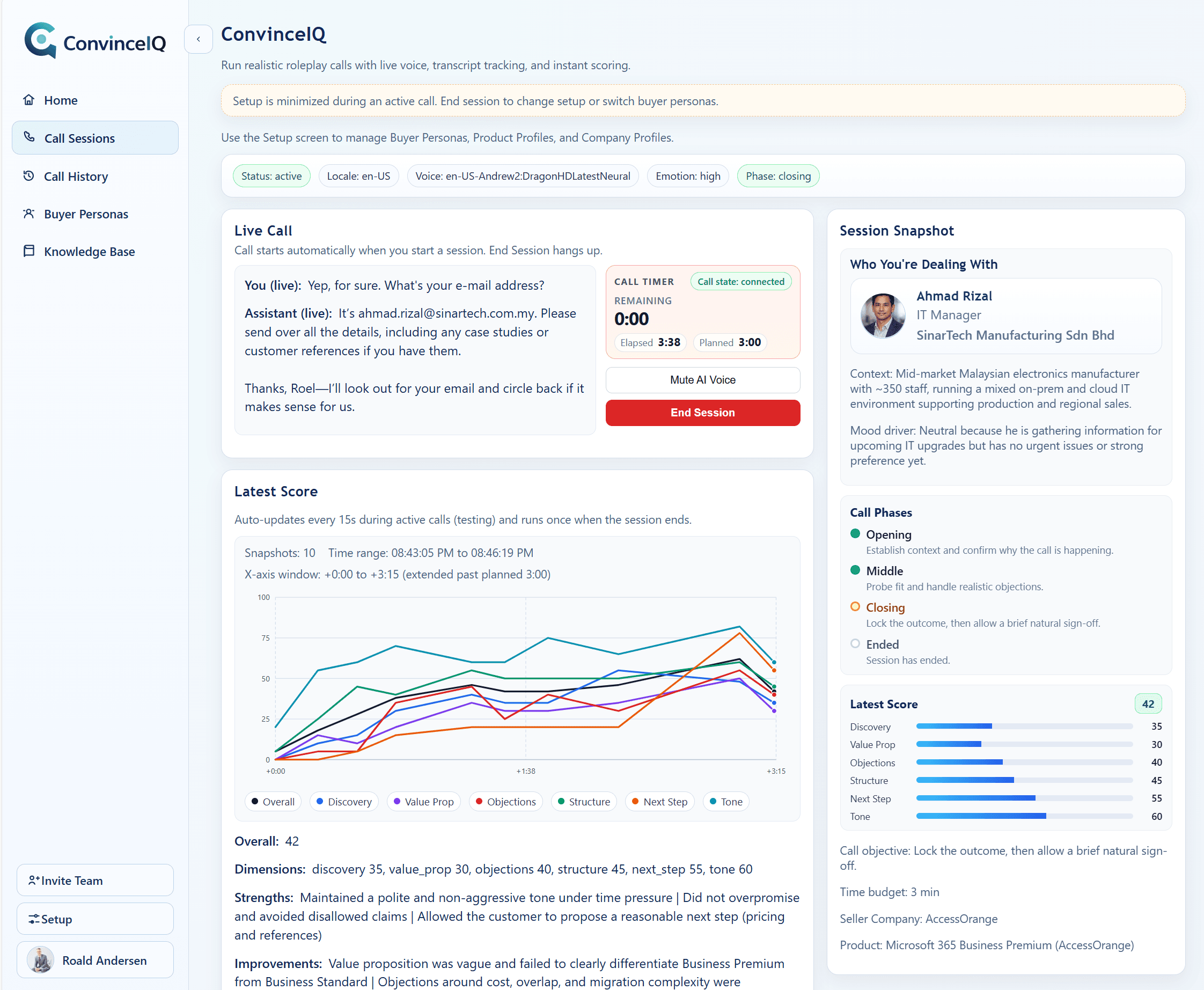 ConvinceIQ live practice cockpit showing the active call area, score trend, buyer snapshot, and full call-session workspace.