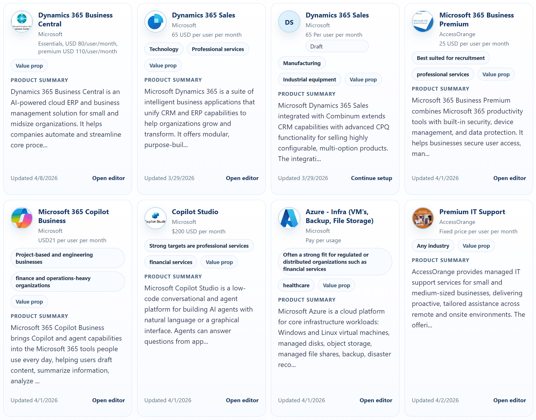 ConvinceIQ product profile library showing saved product cards with pricing, value proposition tags, industry fit, draft state, and reusable product messaging.