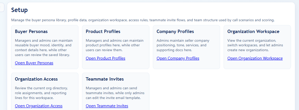 ConvinceIQ setup hub showing buyer personas, profiles, organization workspace, organization access, and teammate invites.